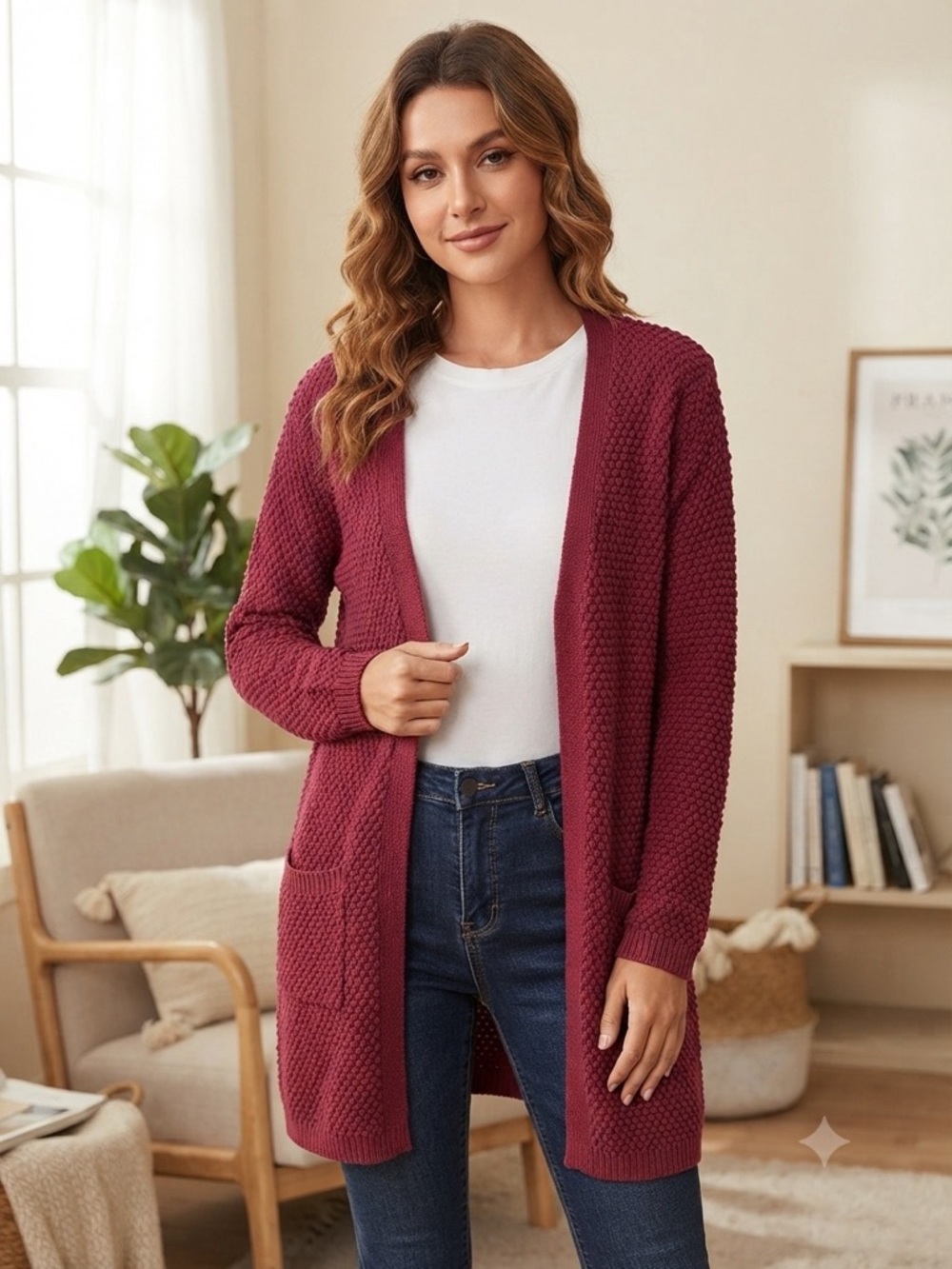 stradivarius Open-Front Textured Cardigan - Wine